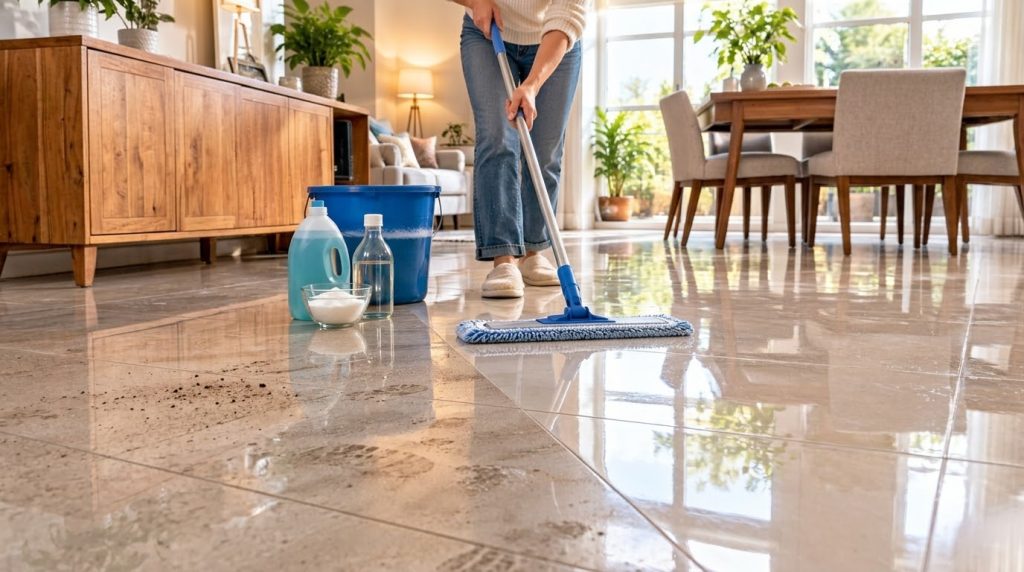 A tiled floor half dirty with footprints half wet and gleaming after cleaning with a blue mop bucket detergent and vineg