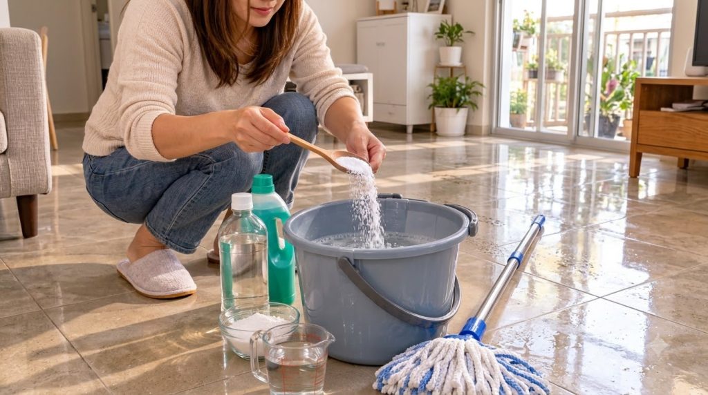 Hands adding white powder from a wooden spoon into a gray bucket of bubbly cleaning solution