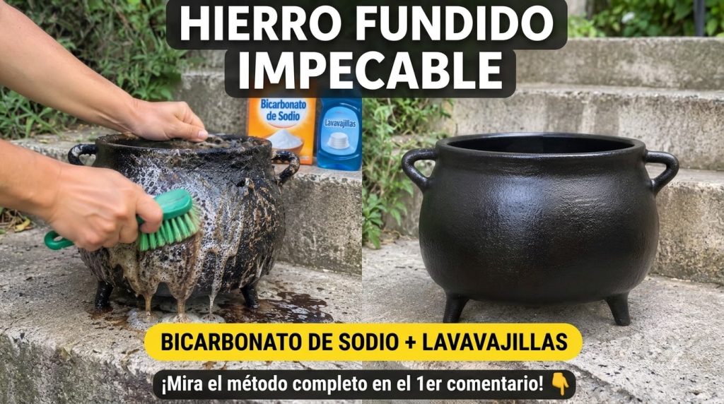 Una persona frotando vigorosamente una olla de hierro fundido muy sucia con un cepillo y bicarbonato de sodio en un espa
