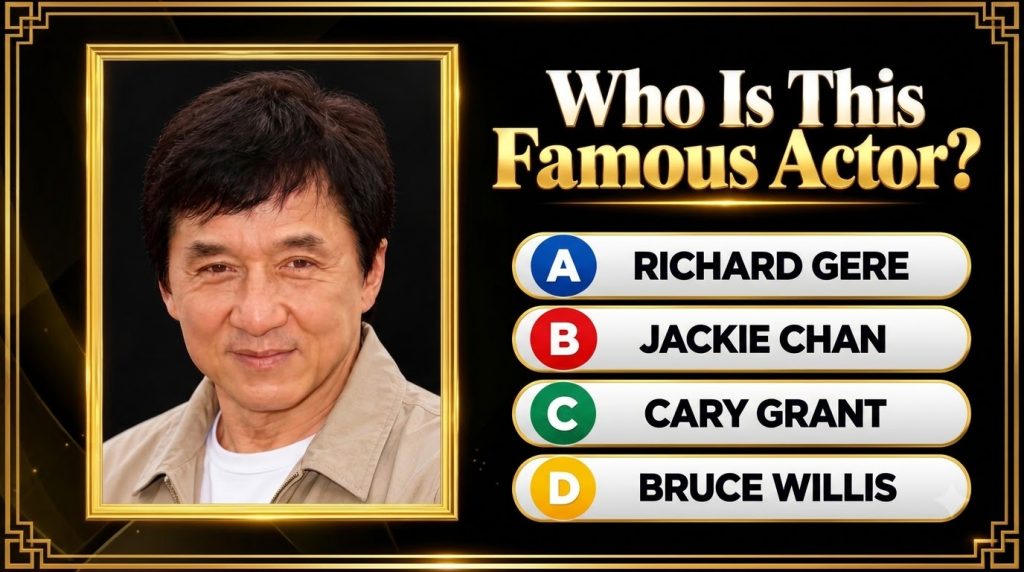 A quiz image showing a portrait of Jackie Chan in an ornate golden frame against a black background with the question Wh