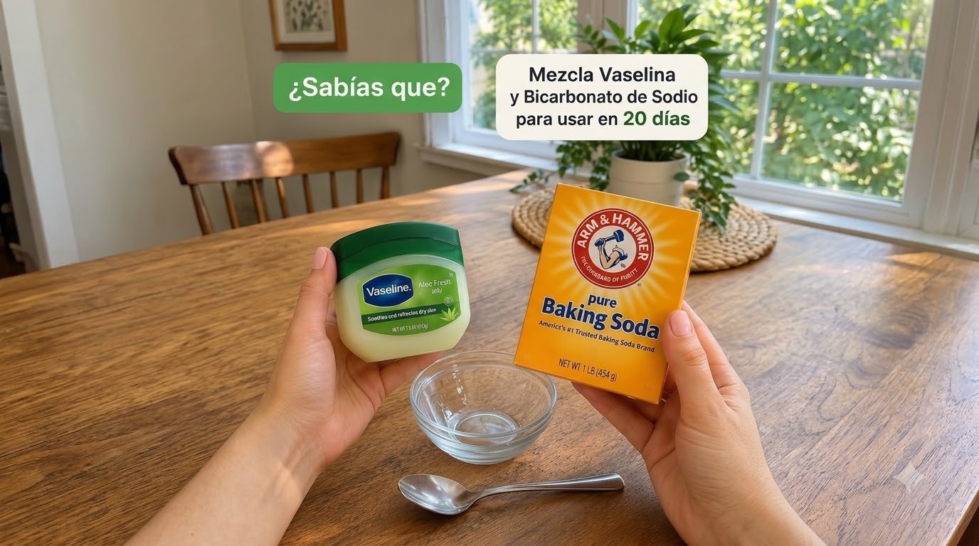 Two hands presenting a jar of Vaseline Aloe Fresh Jelly and a box of Arm Hammer Pure Baking Soda above a small empty gla