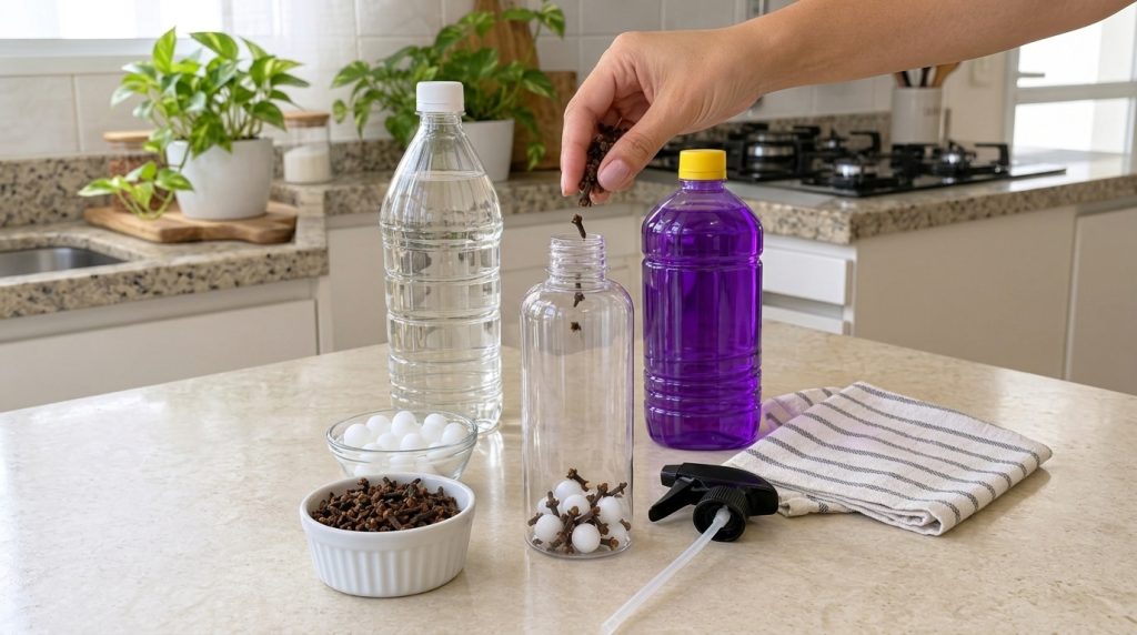 Una mano dejando caer clavos de olor en una botella de spray transparente que contiene vinagre blanco y un desinfectante