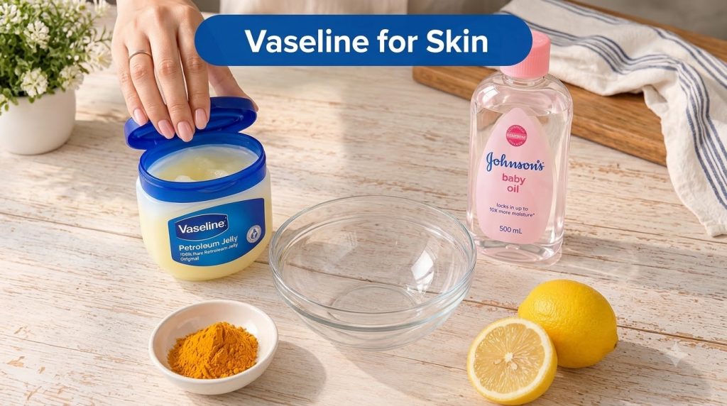 A collection of skincare ingredients on a light wooden surface with a hand opening a tub of Vaseline next to baby oil tu