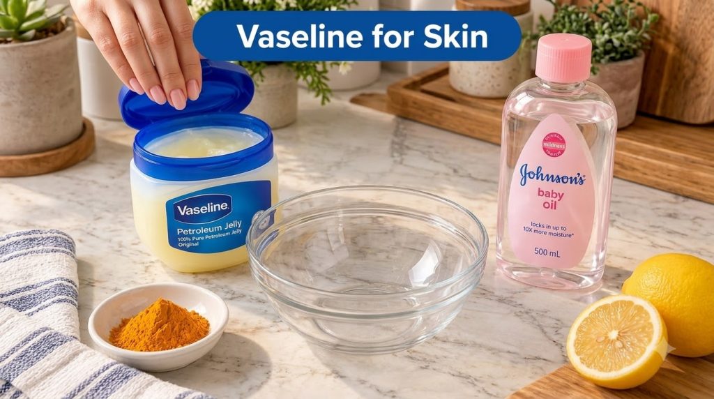A flat lay of Vaseline baby oil turmeric powder and fresh lemons arranged neatly on a bright marble surface with an empt