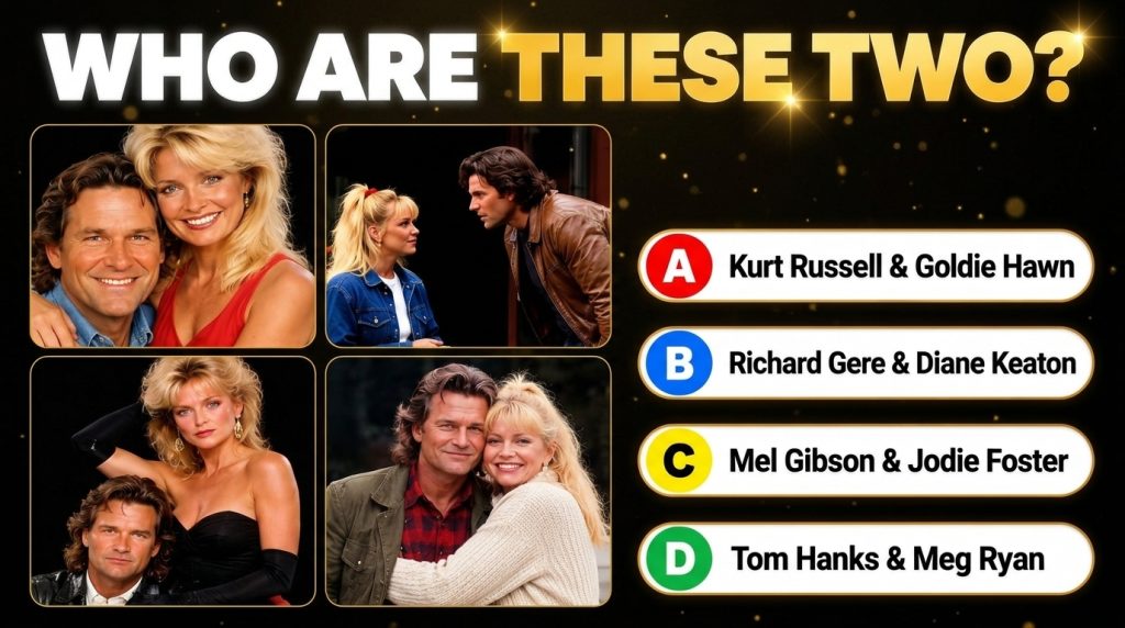 A vertical quiz poster on a black background asking WHO ARE THESE TWO It features four framed pictures of Kurt Russell a