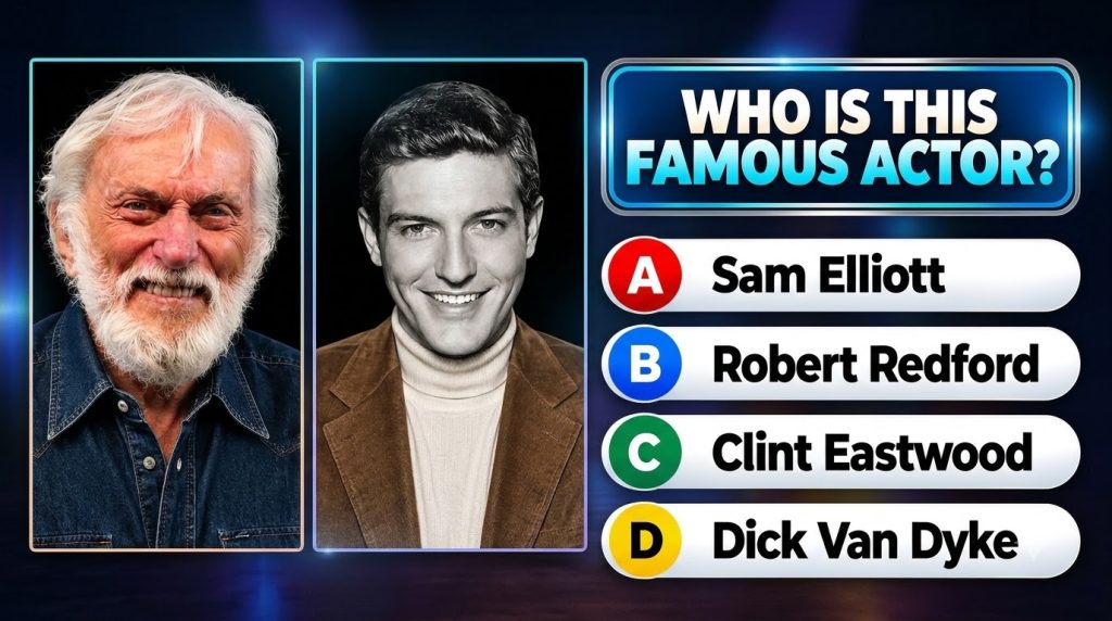 A split portrait for a quiz On the left an older Dick Van Dyke with a white beard and denim shirt smiling On the right a