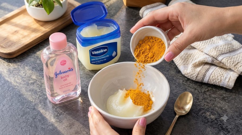 Hands preparing a homemade turmeric and Vaseline mask Bright yellow turmeric powder is being poured from a small dish in