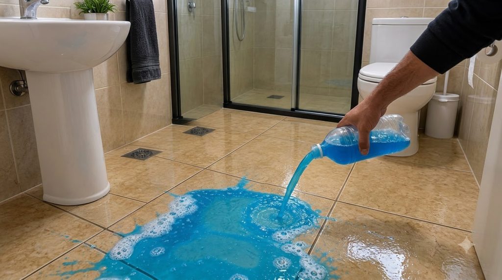 Blue cleaning liquid being poured onto a light brown tiled bathroom floor forming a frothy puddle In the background a wh