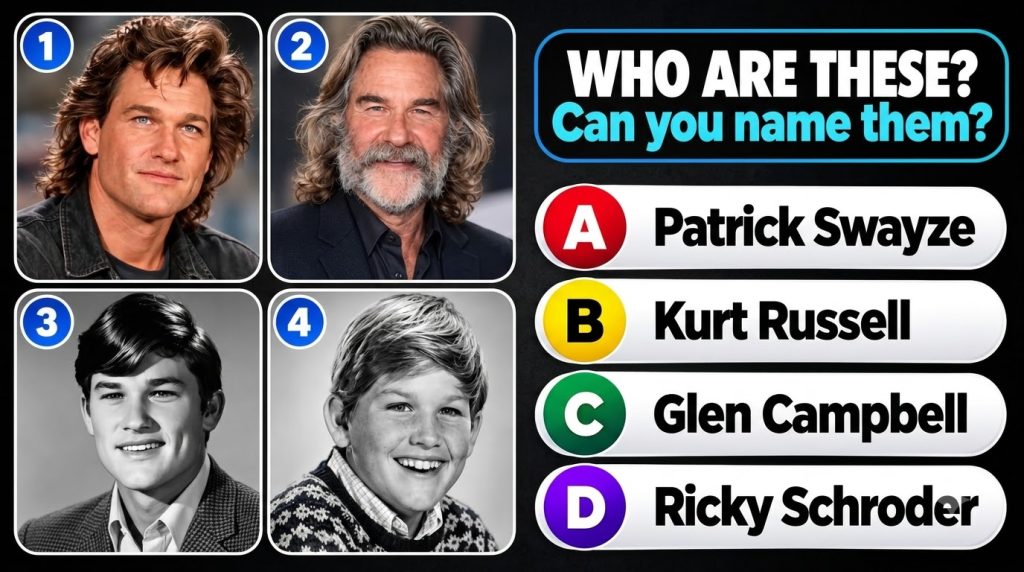 A quiz image showing four distinct headshots of actor Kurt Russell at different ages from childhood to a mature adult Th