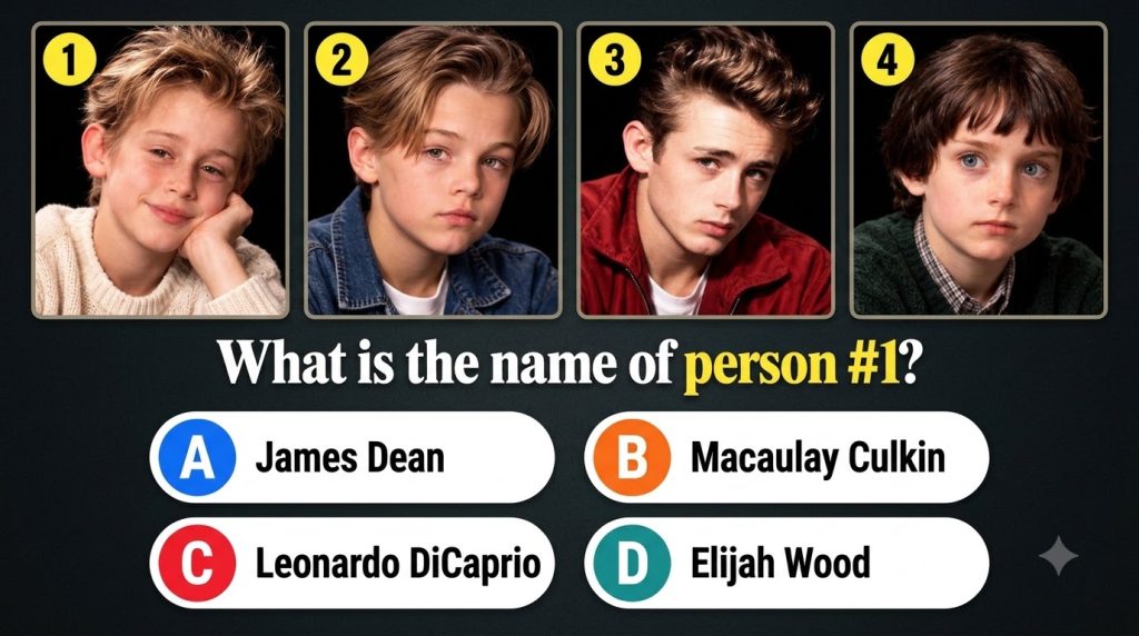 A quiz image showing four childhood photos of different boys with one boy Tom Hanks as a child highlighted as Person 1 f
