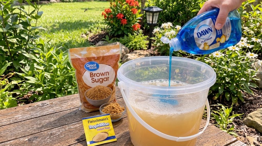 A hand pouring blue dish soap into a clear bucket containing a yellowish liquid with brown sugar and yeast packets nearb