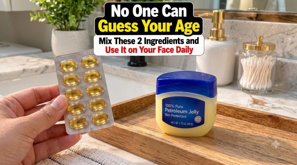 A close-up of a person s hand holding a blister pack of golden Vitamin E capsules and a small tub of Vaseline 100 Pure P