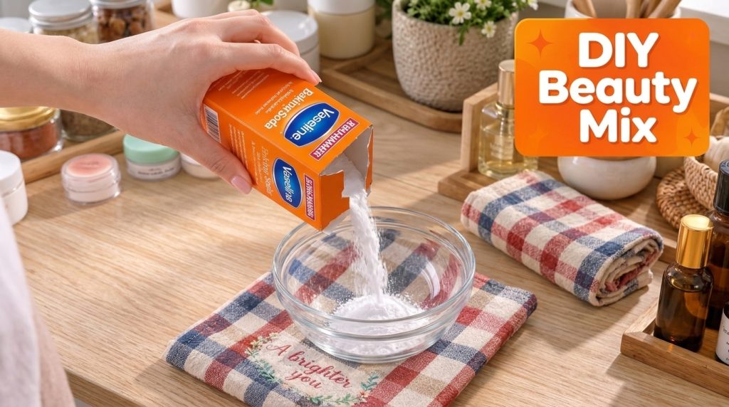 A hand pouring white baking soda from a box into a clear glass bowl on a plaid fabric The scene is bright and emphasizes