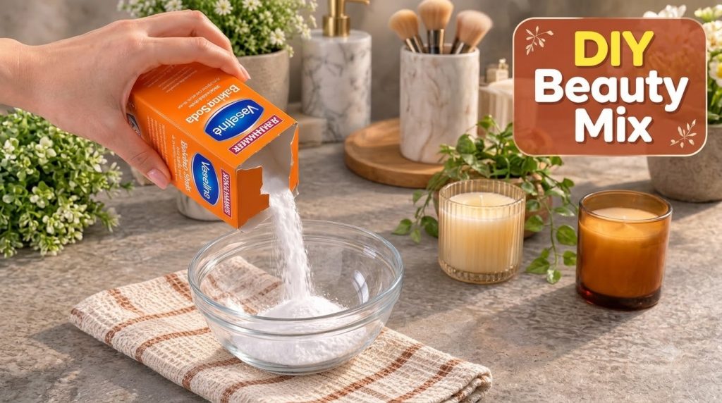 A hand pouring white baking soda powder from an orange box labeled Baking Soda Vaseline into a clear glass bowl on a tex