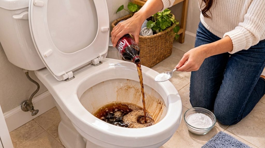 A person s hands pouring Dr Pepper soda into a dirty toilet bowl while holding a spoon with baking soda ready to add it 
