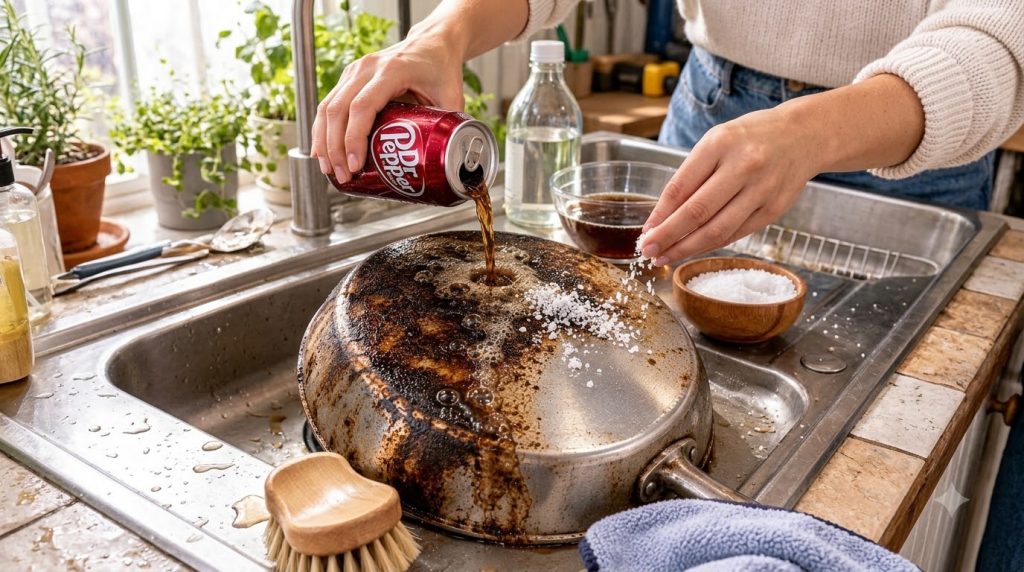 A person s hands pouring Dr Pepper from a can onto the underside of a heavily burnt pan while simultaneously sprinkling