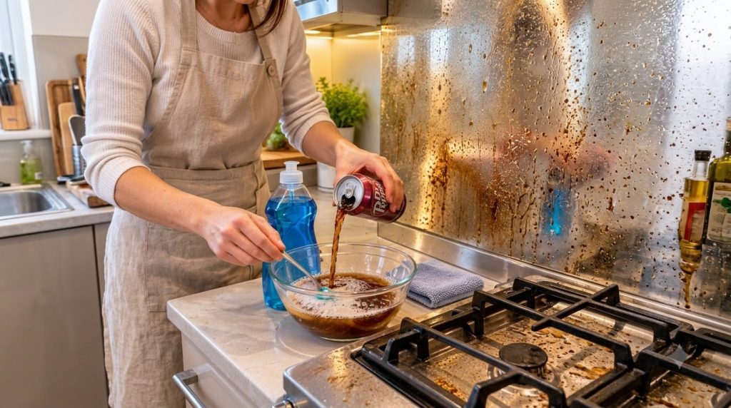 Hands mixing dark soda and dish soap in a bowl with a dirty kitchen background