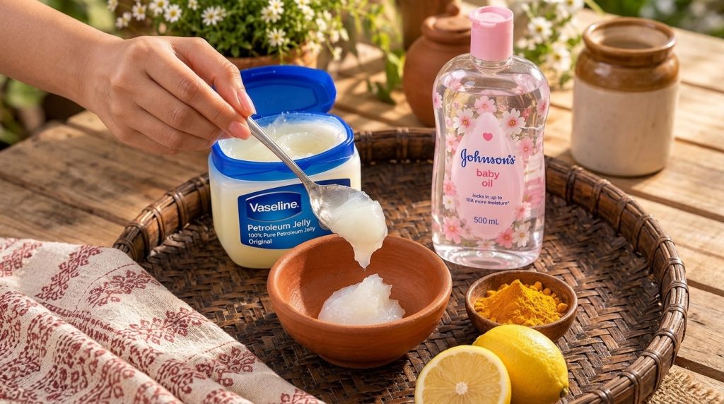 A hand scooping Vaseline petroleum jelly into a small terracotta bowl surrounded by fresh lemons and turmeric powder on 