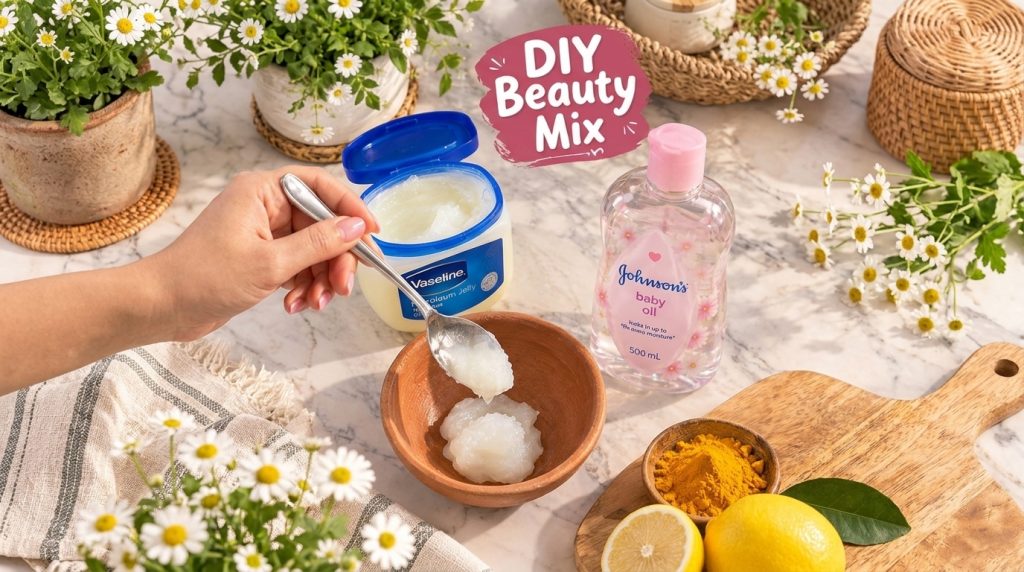 Overhead shot of a hand mixing Vaseline and baby oil in a bowl surrounded by ingredients like a Vaseline jar baby oil bo