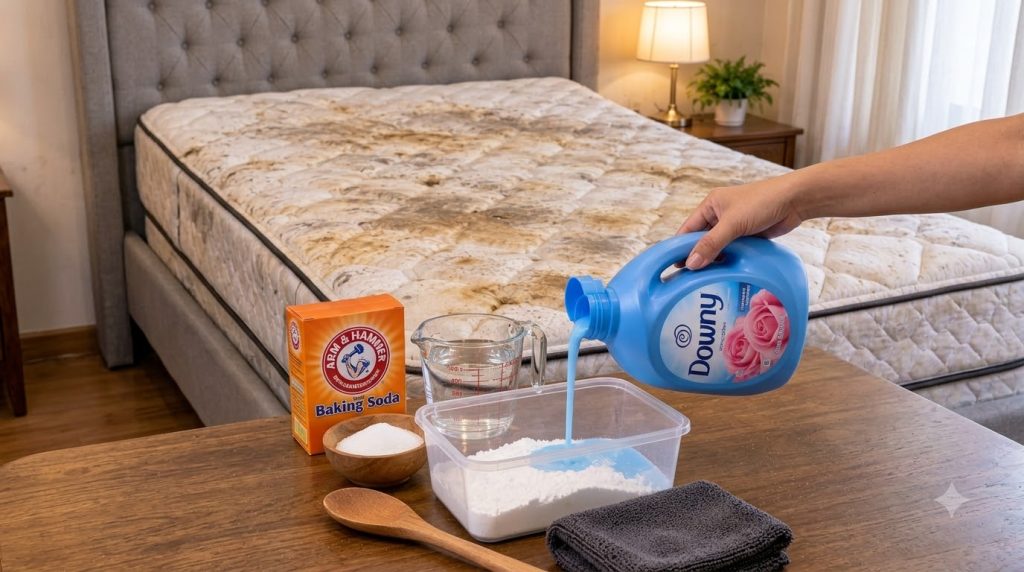 A heavily stained mattress on a bed in the background contrasting with a foreground setup for a cleaning solution A hand