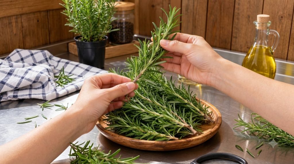 Hands holding fresh rosemary sprigs over a wooden plate with more rosemary a potted plant peppercorns and olive oil in a