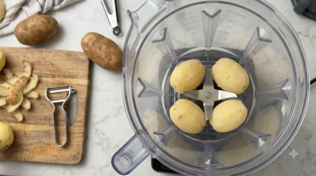 Four peeled boiled potatoes are placed symmetrically around the central blade assembly inside a transparent blender pitc