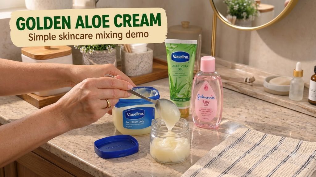 A person s hands using a spoon to scoop Vaseline into a glass jar with a tube of Vaseline Aloe Vera Gel and a bottle of 