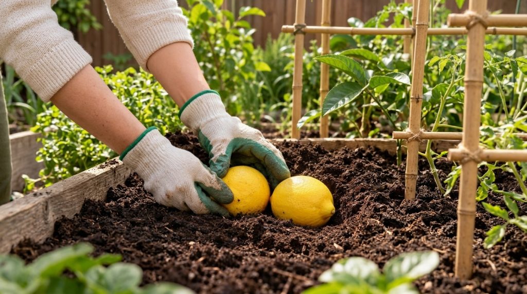 A close-up of gloved hands planting two bright yellow lemons into dark rich soil with a blurred green garden and bamboo 