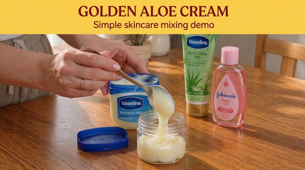 Hands mixing a creamy substance with a spoon over a clear jar surrounded by Vaseline Petroleum Jelly Vaseline Aloe Vera