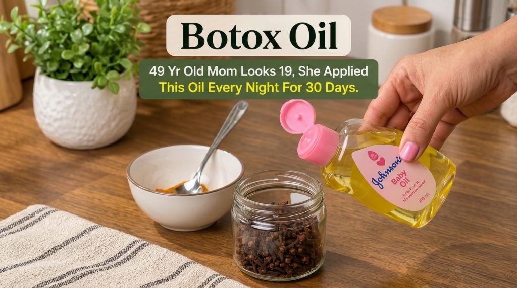 A hand gently pouring Johnson s Baby Oil into a glass jar filled with cloves with a bowl of turmeric powder nearby on a 