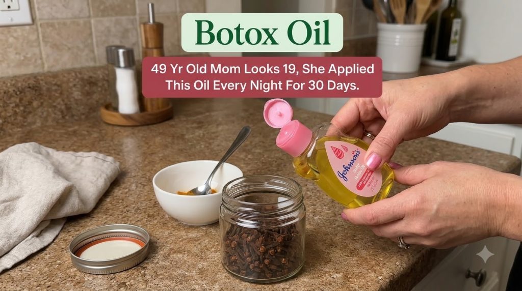 A hand pouring baby oil into a glass jar filled with whole cloves with a bowl of turmeric powder nearby on a speckled co