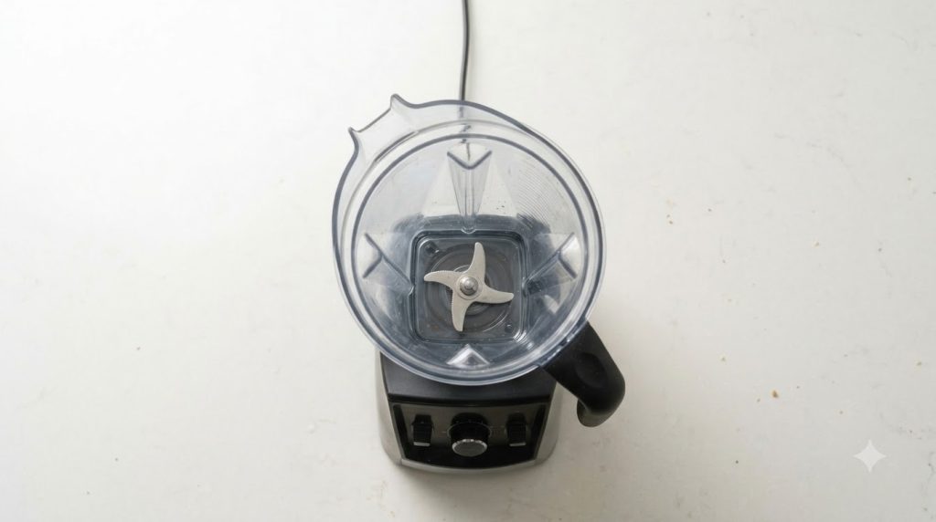 An empty clean blender with its lid off on a white surface ready for use