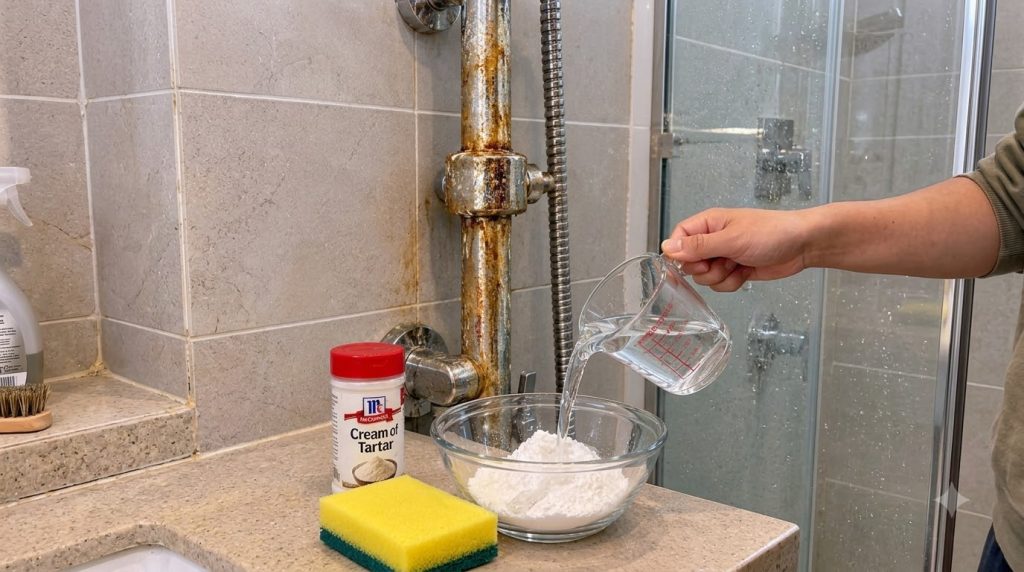 A heavily calcified and rusted shower head and pipe fixture contrasting with a light-colored counter where McCormick Cre