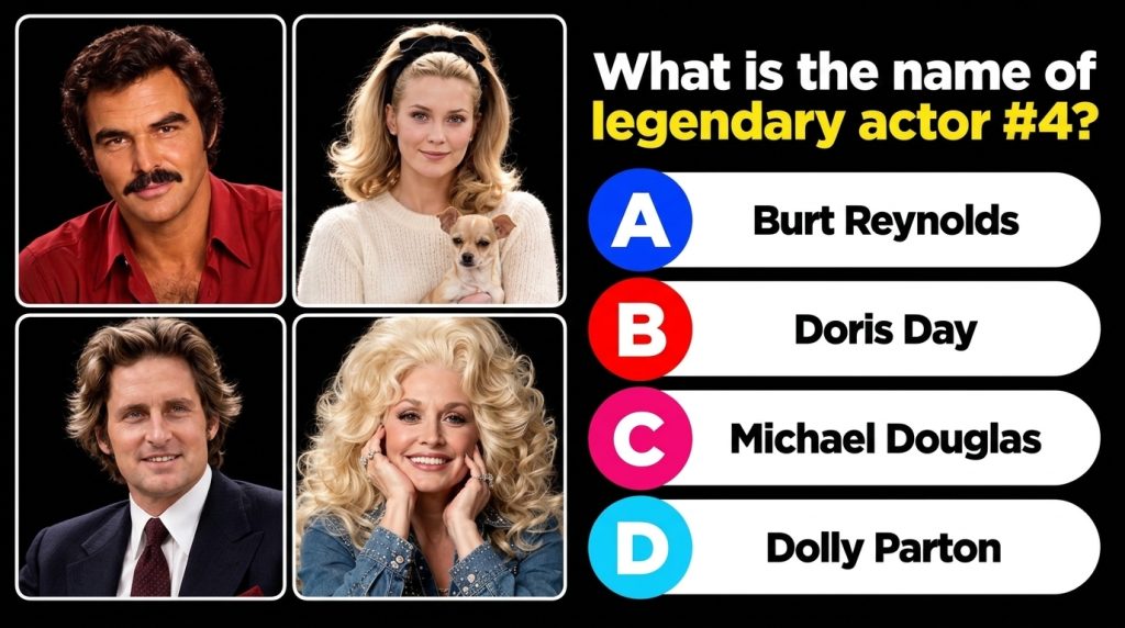 A four-panel celebrity quiz image featuring Clint Eastwood Burt Reynolds Charles Bronson and Steve McQueen with the ques