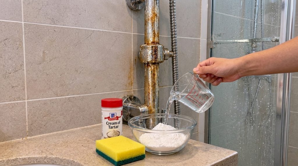 Una mano vertiendo agua de una taza medidora en un tazón de vidrio con cremor tártaro con un accesorio de ducha cromado