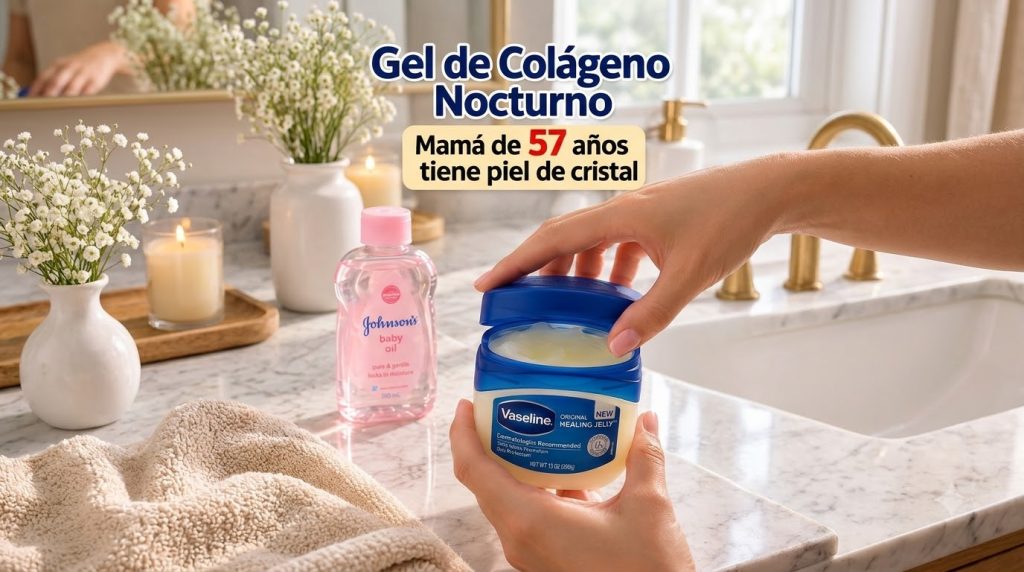 A serene bathroom counter at night with a jar of Vaseline Healing Jelly a bottle of baby oil a glowing candle and delica