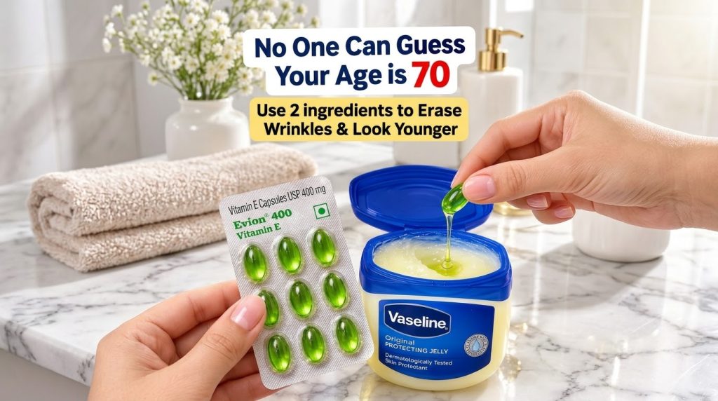 A hand squeezing a Vitamin E capsule letting its green liquid drip into a tub of Vaseline set on a bright marble surface