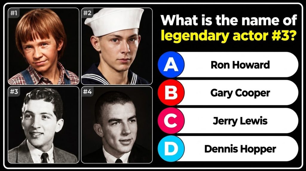 A black and white image of a quiz featuring four young actors headshots in a 2x2 grid The question asks What is the name