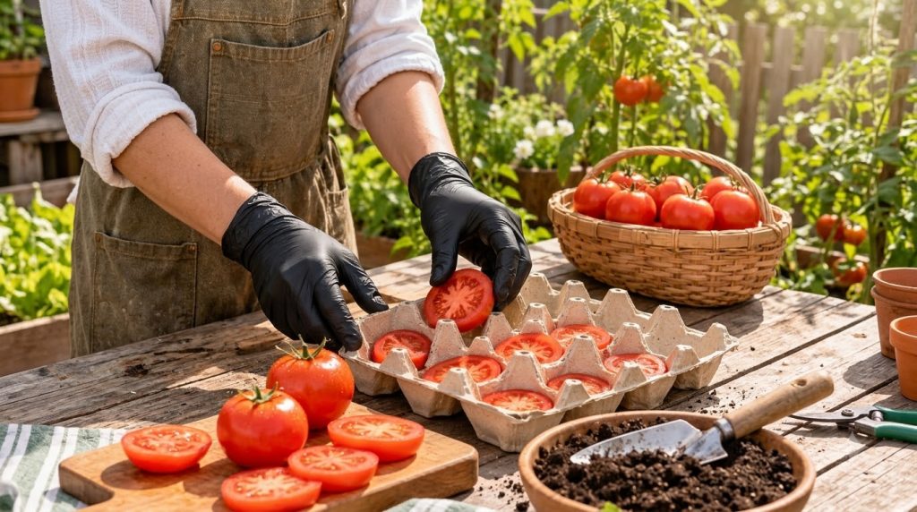 A person s gloved hands meticulously arranging freshly sliced red tomatoes in a cardboard egg carton on a rustic wooden 