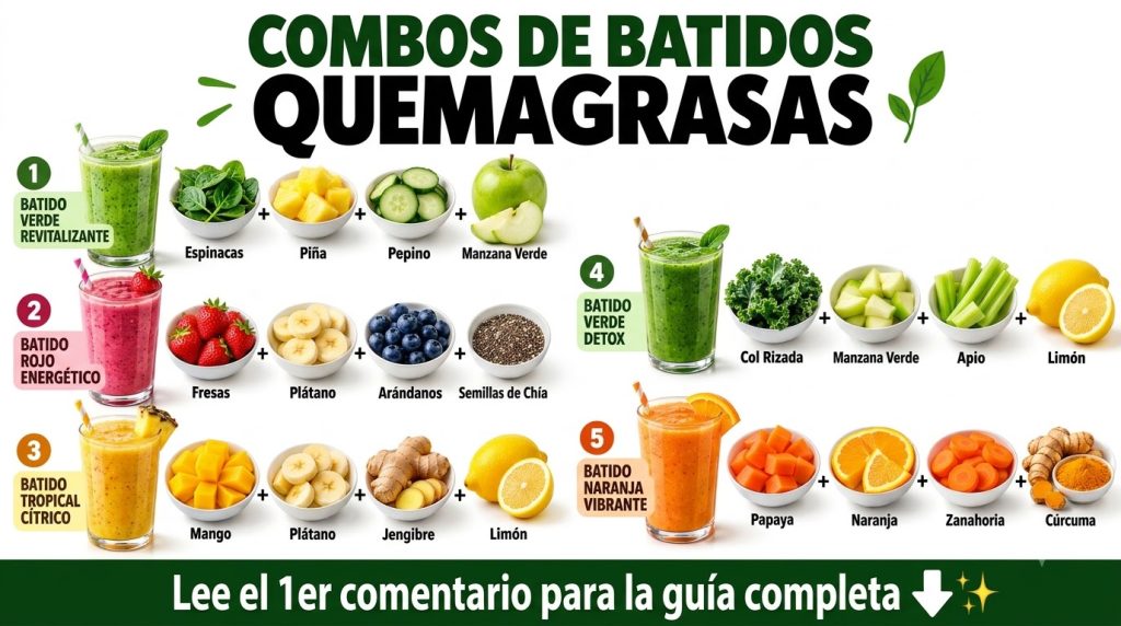 Una infografía limpia y moderna que muestra cinco combinaciones diferentes de batidos quema grasa Cada combinación prese