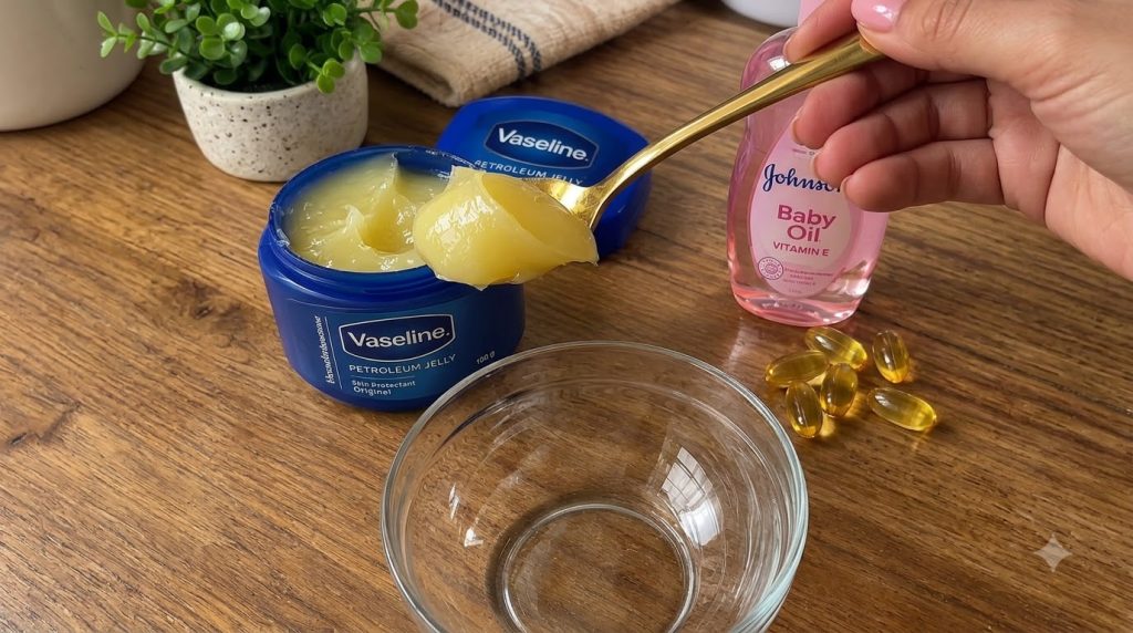 Overhead shot of DIY beauty ingredients on a wooden surface a hand holding a golden spoon scooping yellow petroleum jell