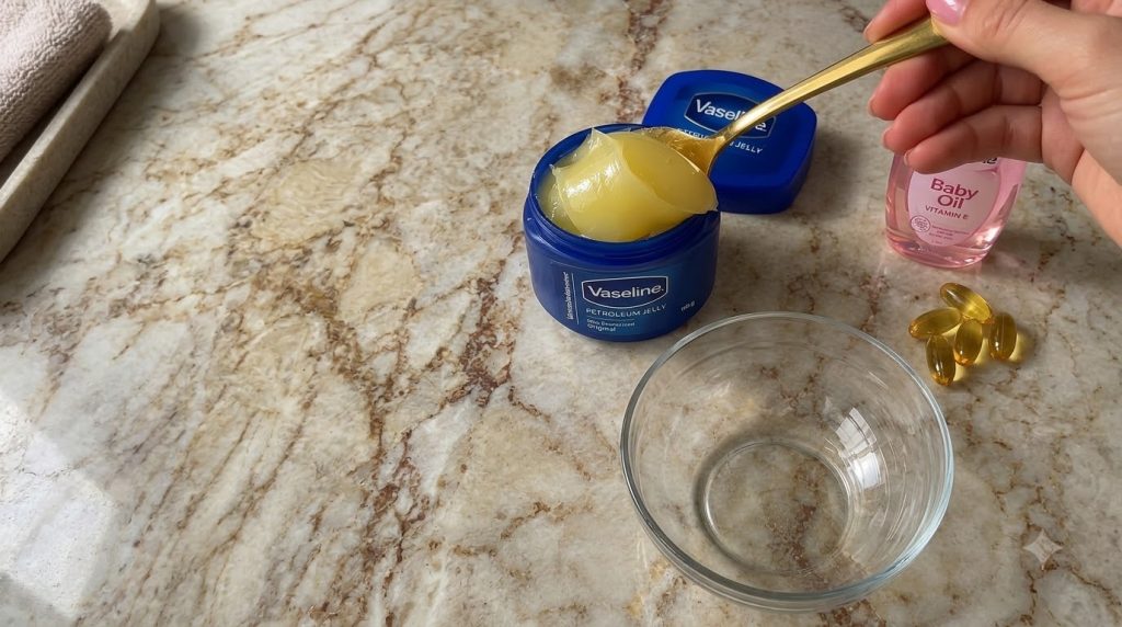 A hand holding a gold spoon scooping Vaseline from a blue jar with Vitamin E capsules and baby oil on a marble surface