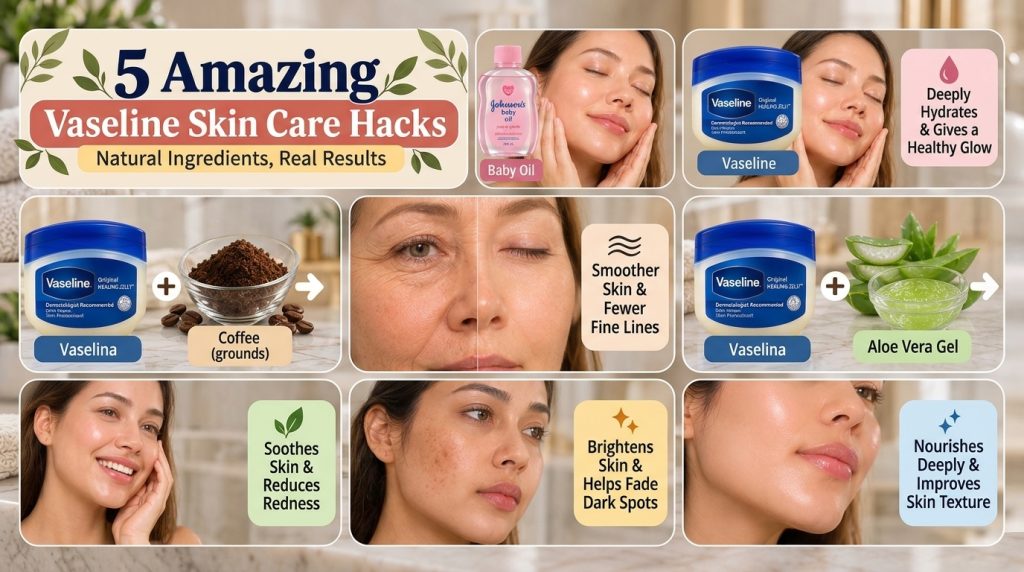 An infographic showing 5 Vaseline skincare hacks including eye cream with aloe vera exfoliation with coffee and moisturi