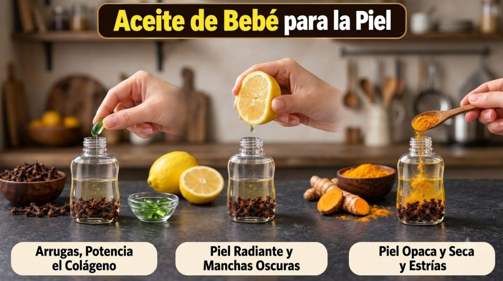 Three-panel grid showing hands preparing DIY skin remedies one adding a green capsule to baby oil with cloves for wrinkl