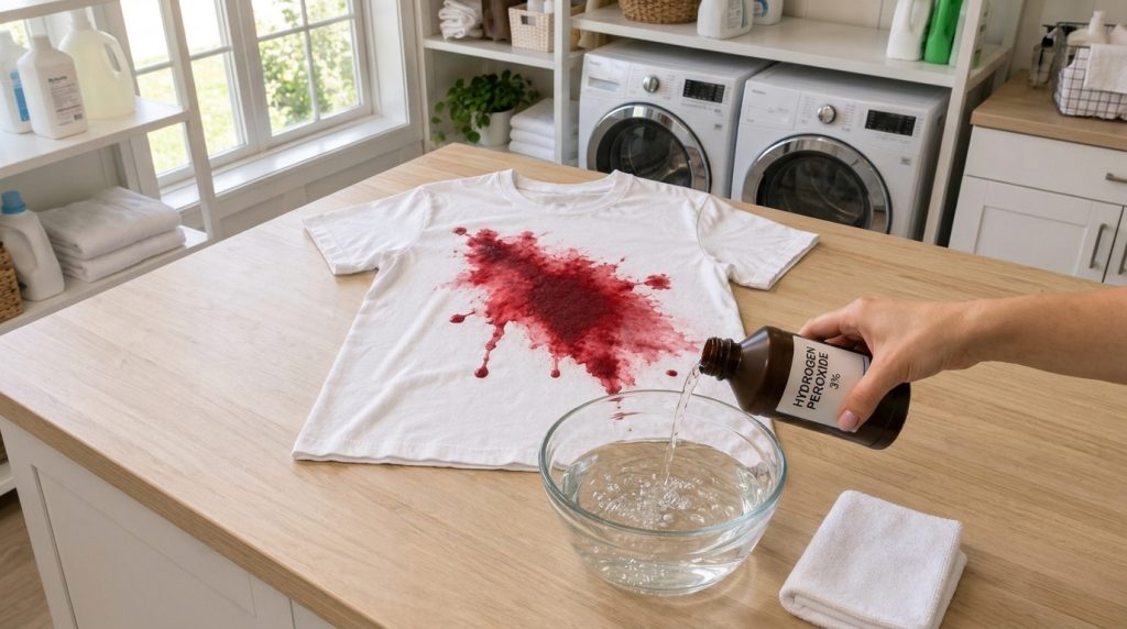 A hand pouring hydrogen peroxide from a bottle into a glass bowl of water with a white t-shirt with a red stain in the b