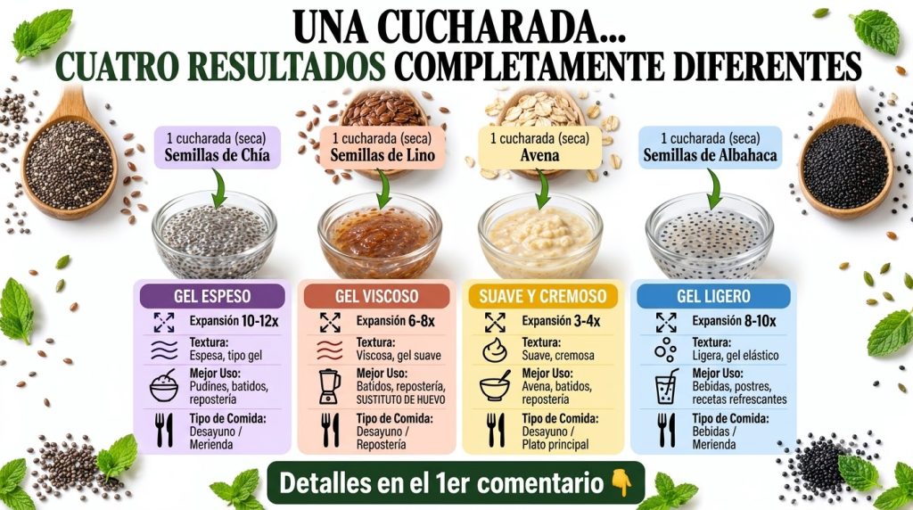 Una infografía limpia que compara las semillas de chía lino albahaca y avena antes y después de ser hidratadas mostrando