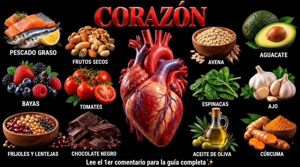 Una infografía visualmente atractiva que muestra un corazón humano 3D rodeado por diez alimentos diferentes cada uno eti