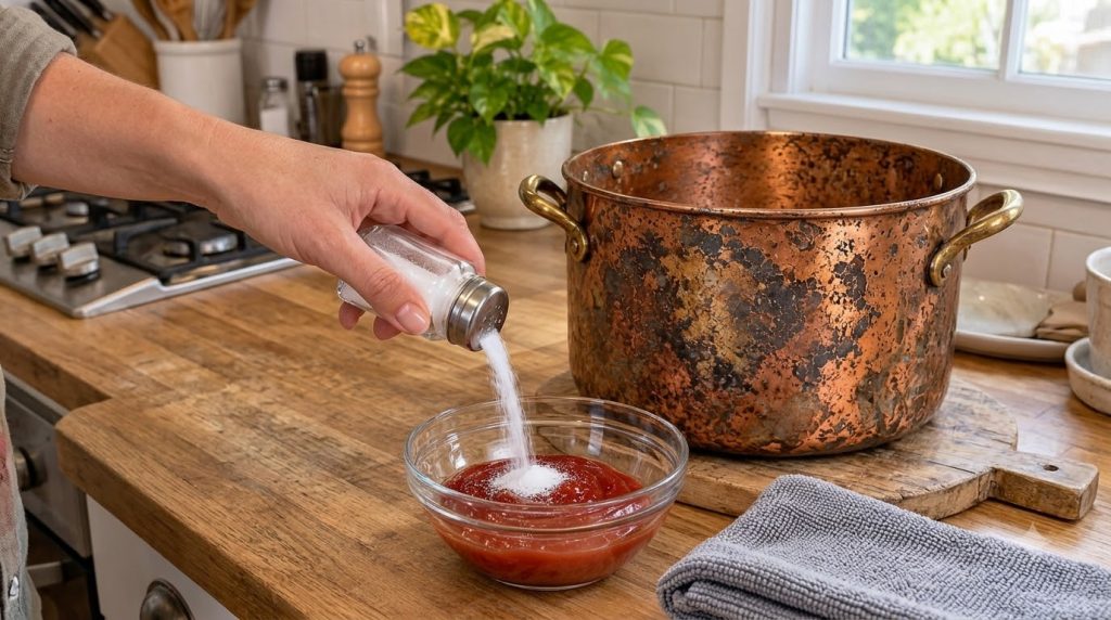 Una mano añadiendo sal de un salero a un cuenco de cristal lleno de kétchup rojo brillante con una olla de cobre y una c