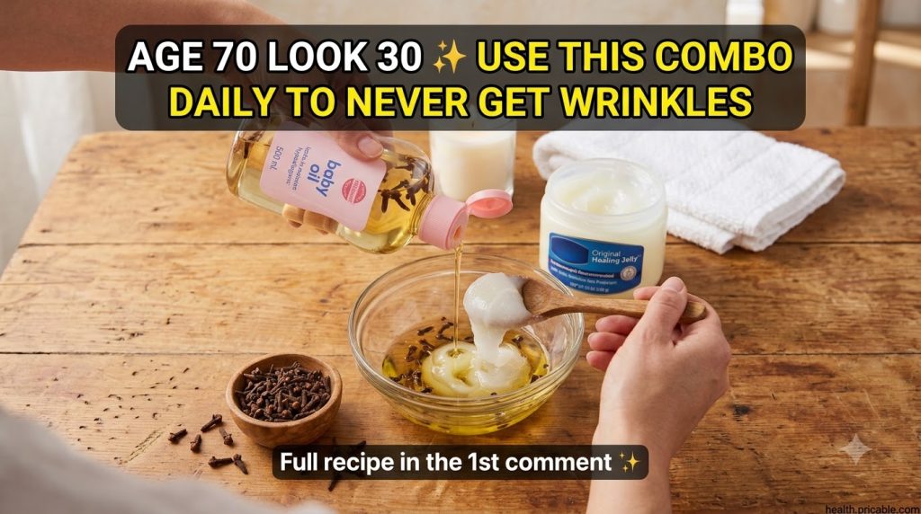 A close-up shot of hands preparing the DIY anti-aging elixir showing baby oil infused with cloves being poured into a bo