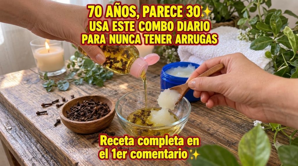 Manos preparando una mezcla de belleza casera con clavos de olor aceite de bebé y vaselina en un bol de cristal sobre un